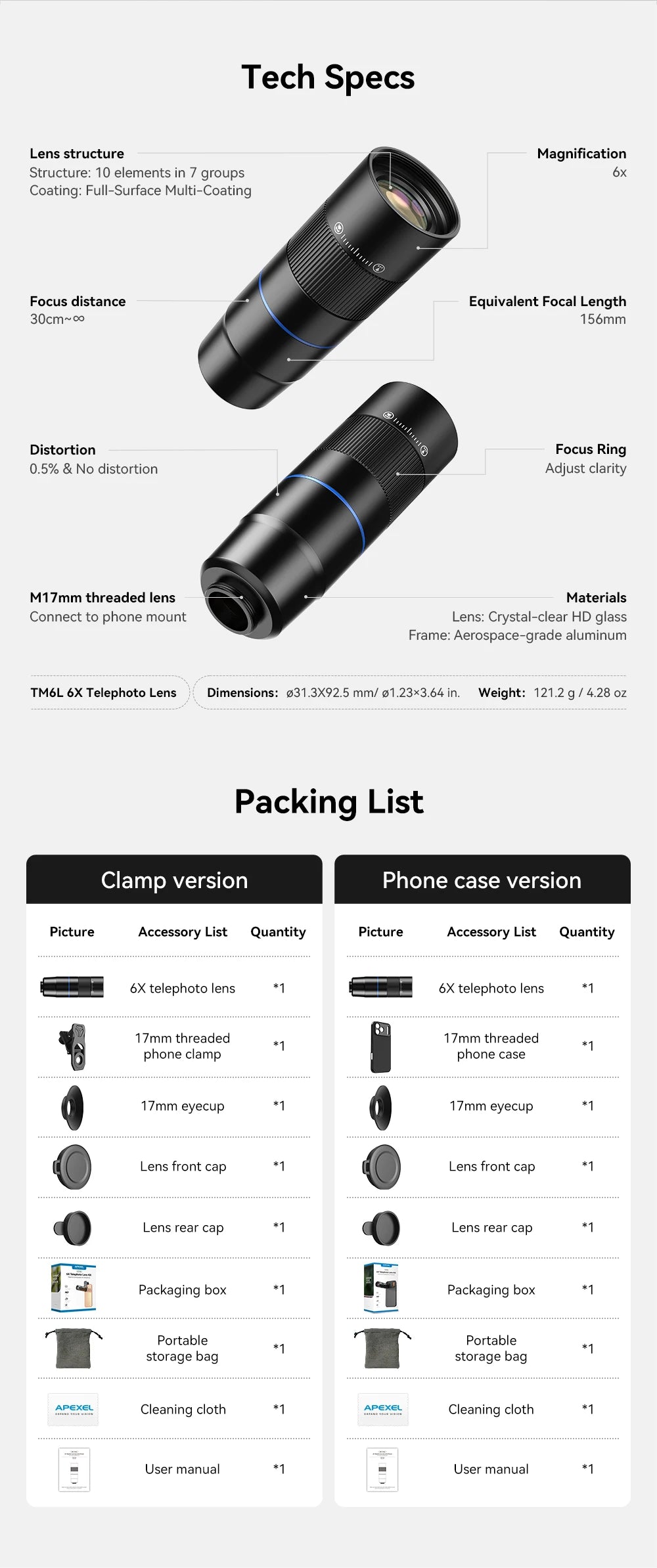 Lente Teleobjetivo APEXEL HD 6X para iPhone, Samsung y Smartphones
