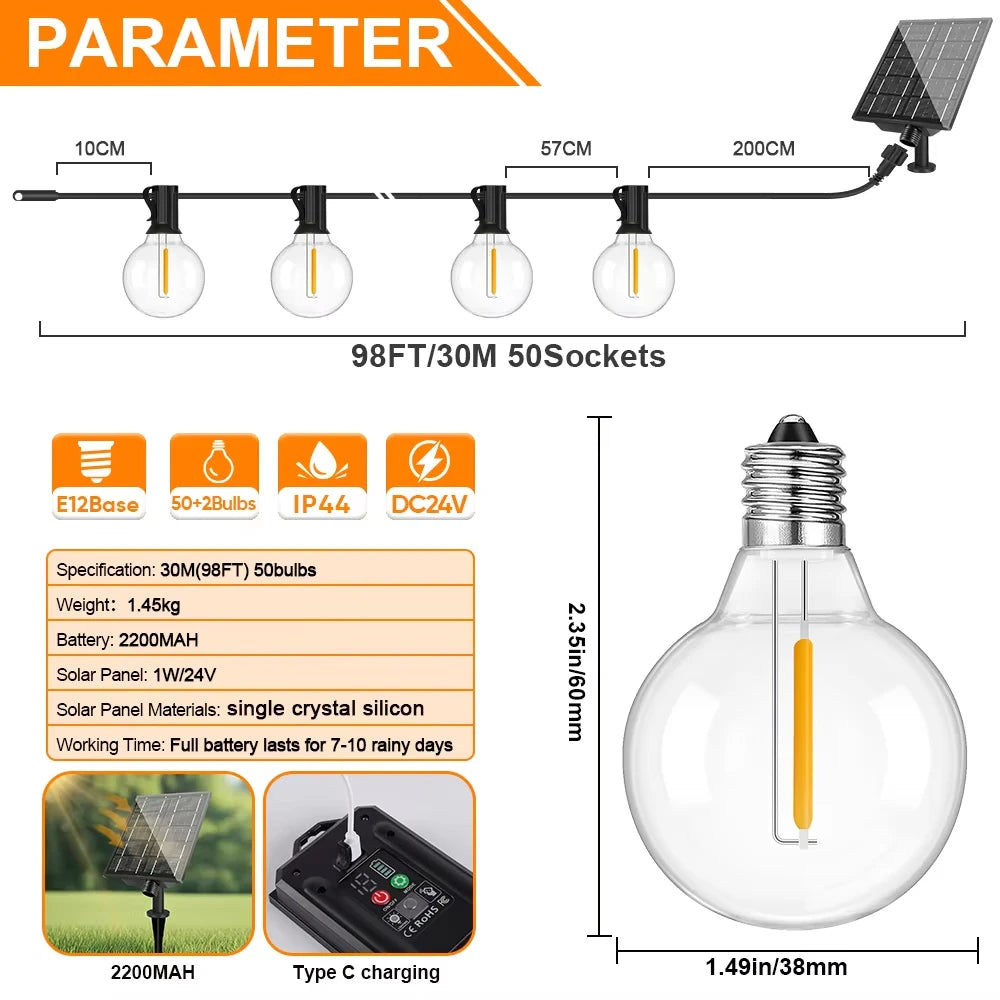 Guirnalda de Luces Solares G40 para Exteriores, Impermeable IP44, 7.6 a 30M