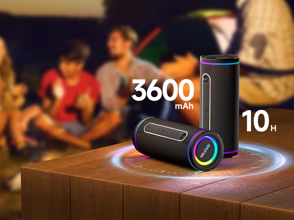 Altavoz Bluetooth portátil MLOVE: potente sonido dual, iluminación RGB colorida, totalmente impermeable (IPX7), compatible con TWS