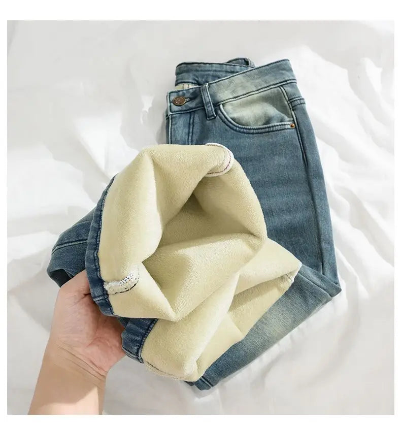 Pantalones Vaqueros Vintage con Forro Polar de Pierna Recta