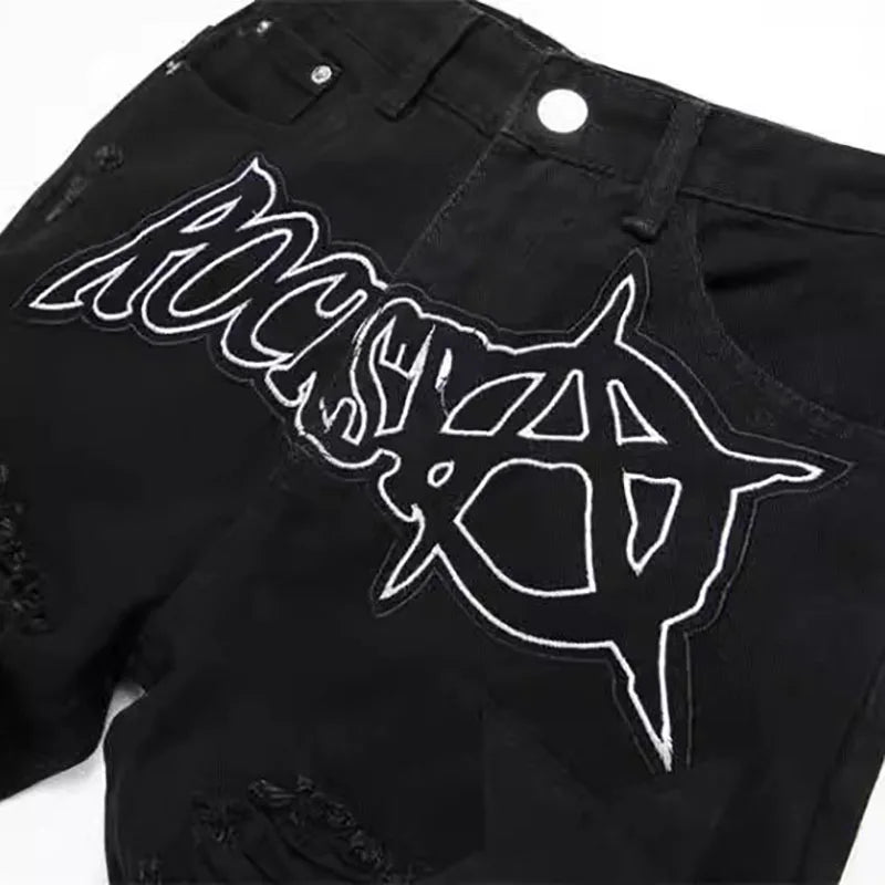 Pantalones Vaqueros Negros Rasgados Retro para Hombre, Pierna Recta
