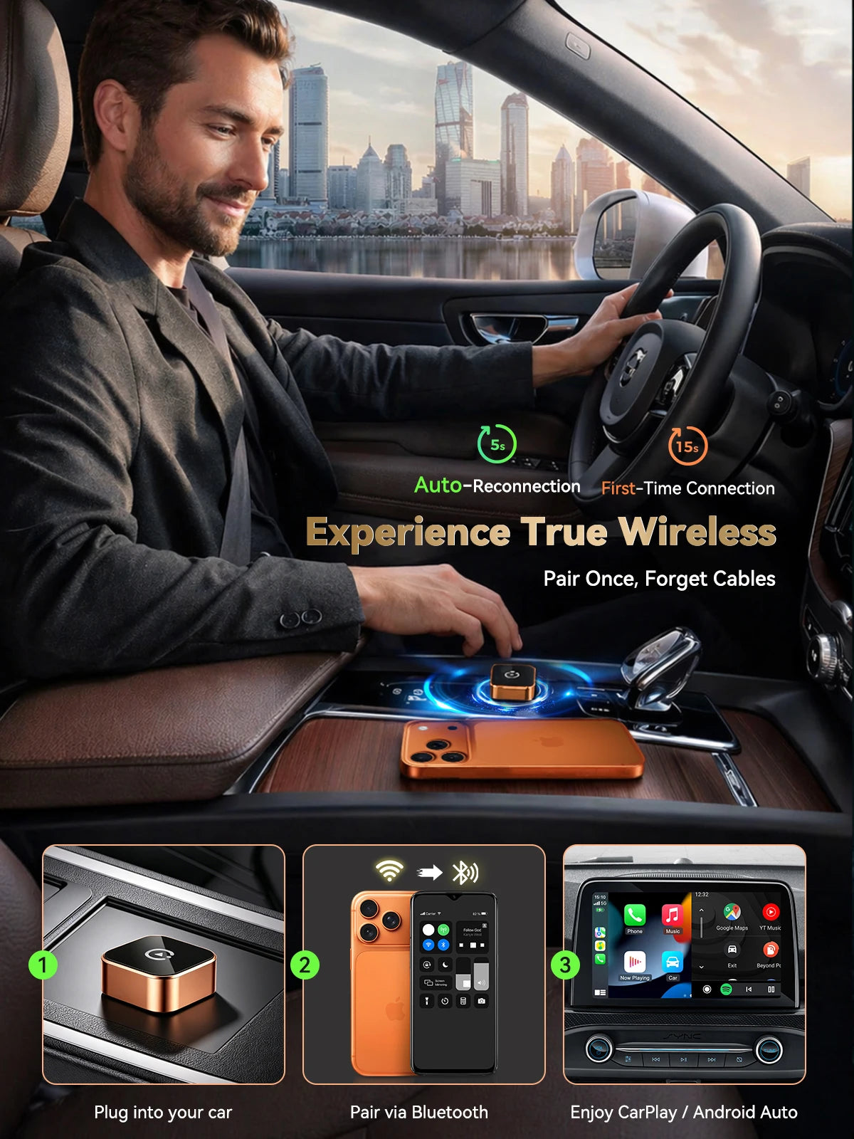Adaptador Inalámbrico CarPlay 2026 (Tipo C) CarPlay y Android Auto, Puerto Tipo C, Convierte de Cableado a Inalámbrico, Plug & Play, Auto-C