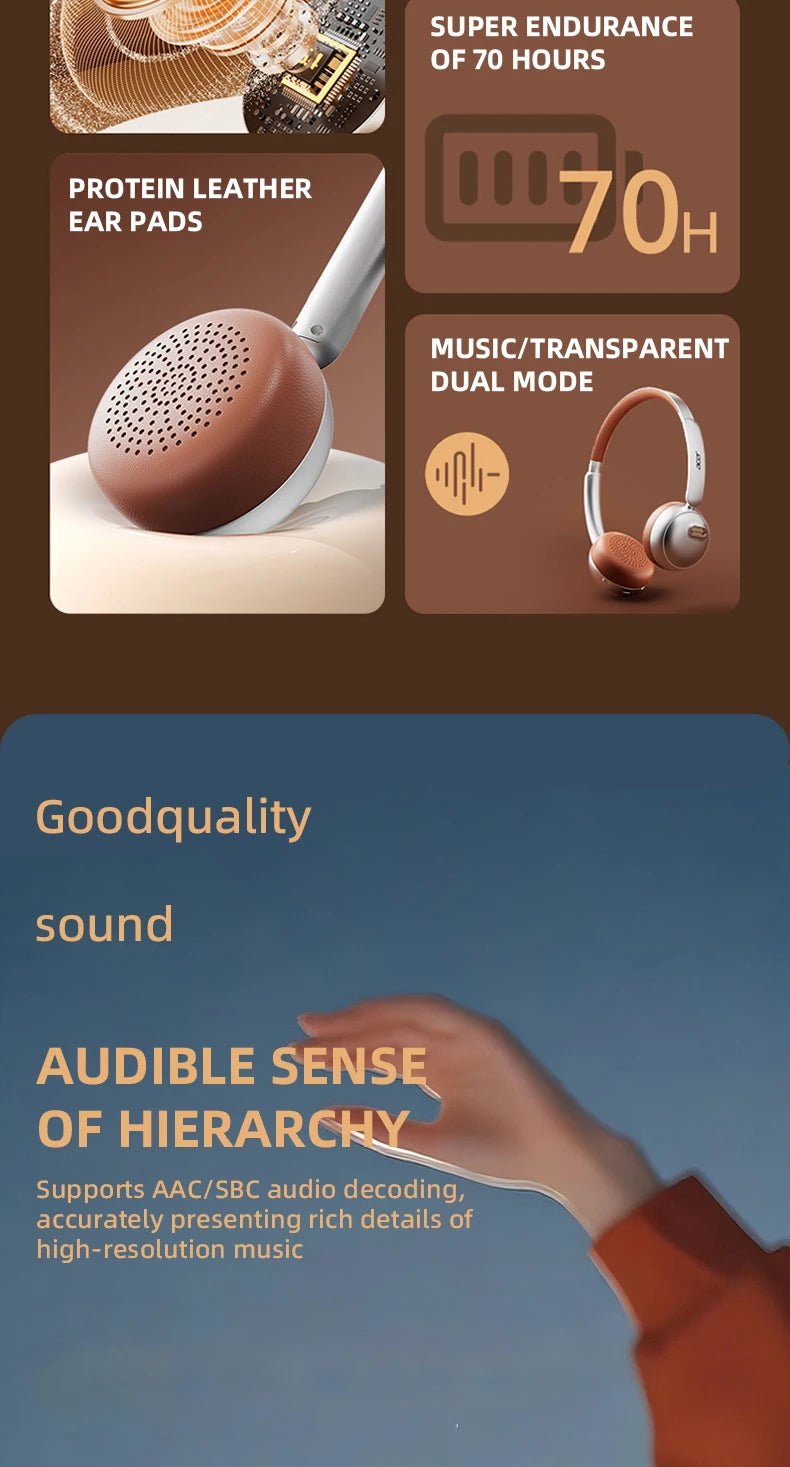 Auriculares Bluetooth Acer OHW111, Estilo Retro, Inalámbricos, Bluetooth 5.4, HIFI Estéreo, para Gamers, 70 Horas de Reproducción