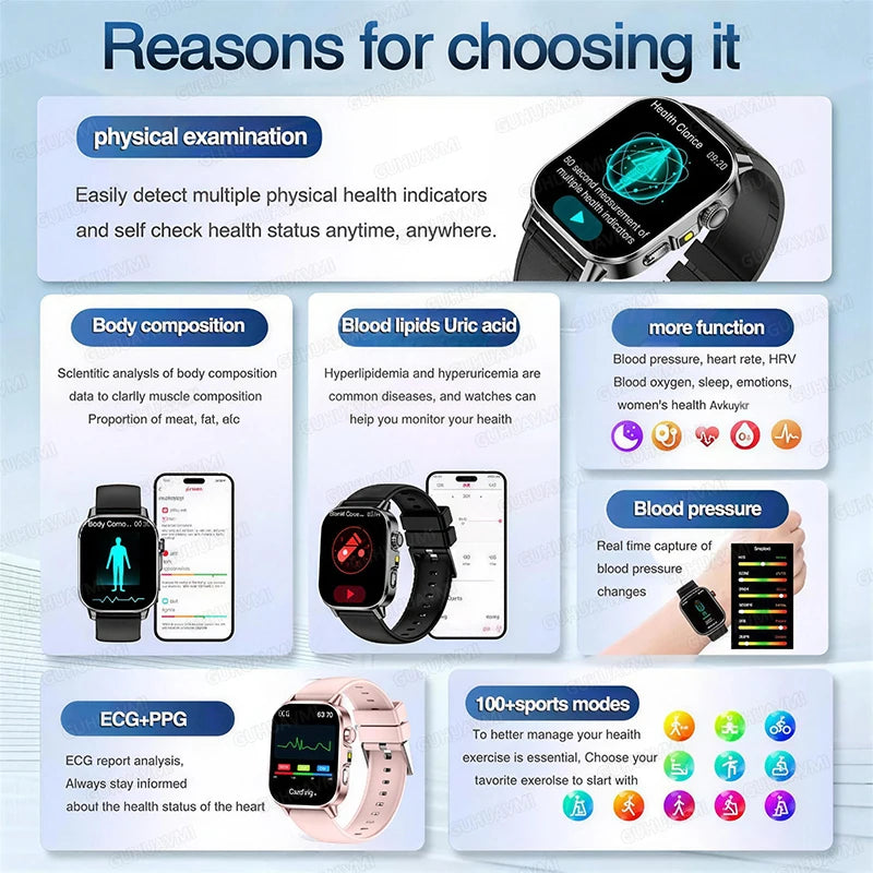 Reloj Inteligente ECG con Diagnóstico Preciso de Salud, Presión Arterial y Ácido Úrico