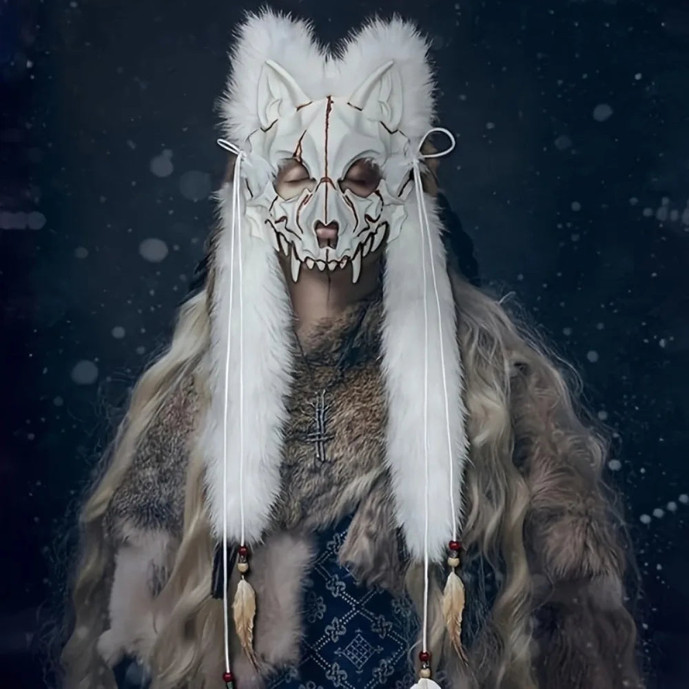 Máscara de lobo peludo, máscara de zorro de piel vikinga, tocado de Wendigo, disfraz de hombre lobo de Halloween, Cosplay Medieval bárbaro, Guerrero renacentista
