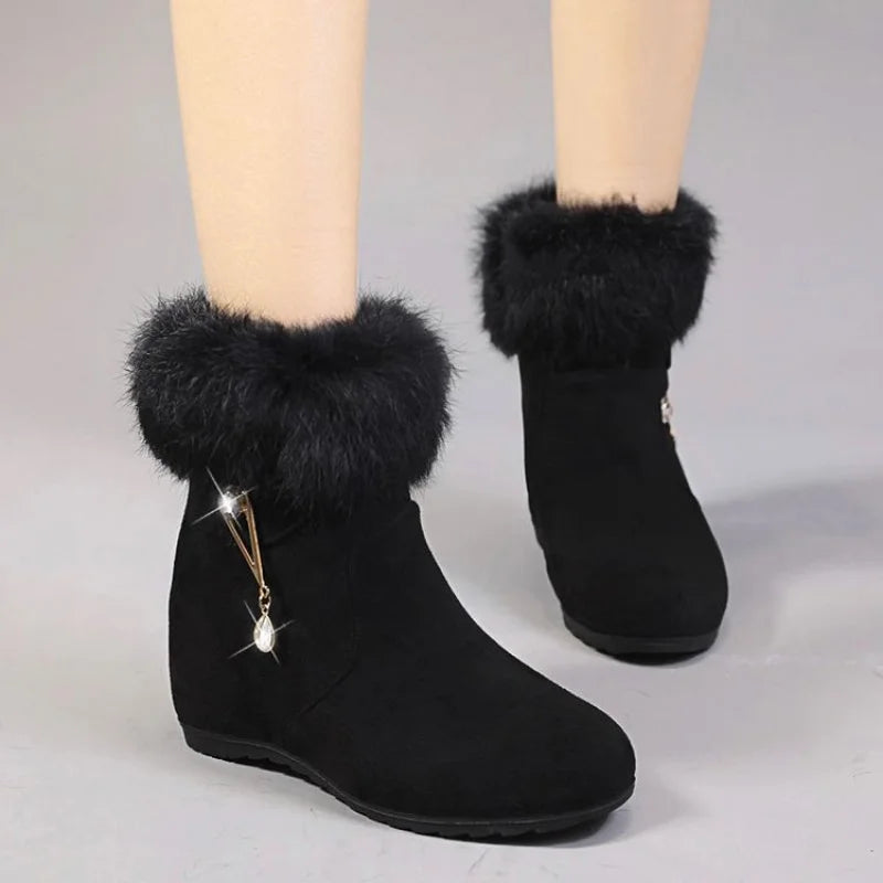 2025 Botas de nieve de plataforma gruesa de nuevo estilo de invierno para mujer, botines cálidos decorados con forro polar, de doble propósito (viacciones y informales)