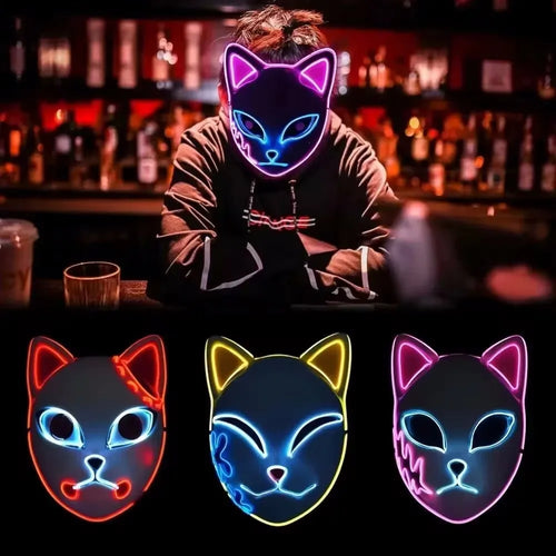 1 máscara facial Led brillante Demon Slayer, accesorio de Cosplay de Anime, cara de gato, zorro, Halloween, luz fría, máscara intermitente, disfraz de fiesta