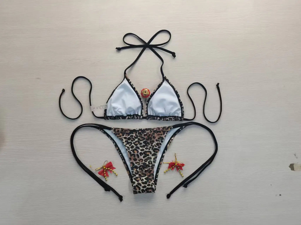 Bikini elegante con estampado de leopardo y espalda descubierta para mujer, traje de baño europeo y americano, diseño sexy, ropa de playa de verano