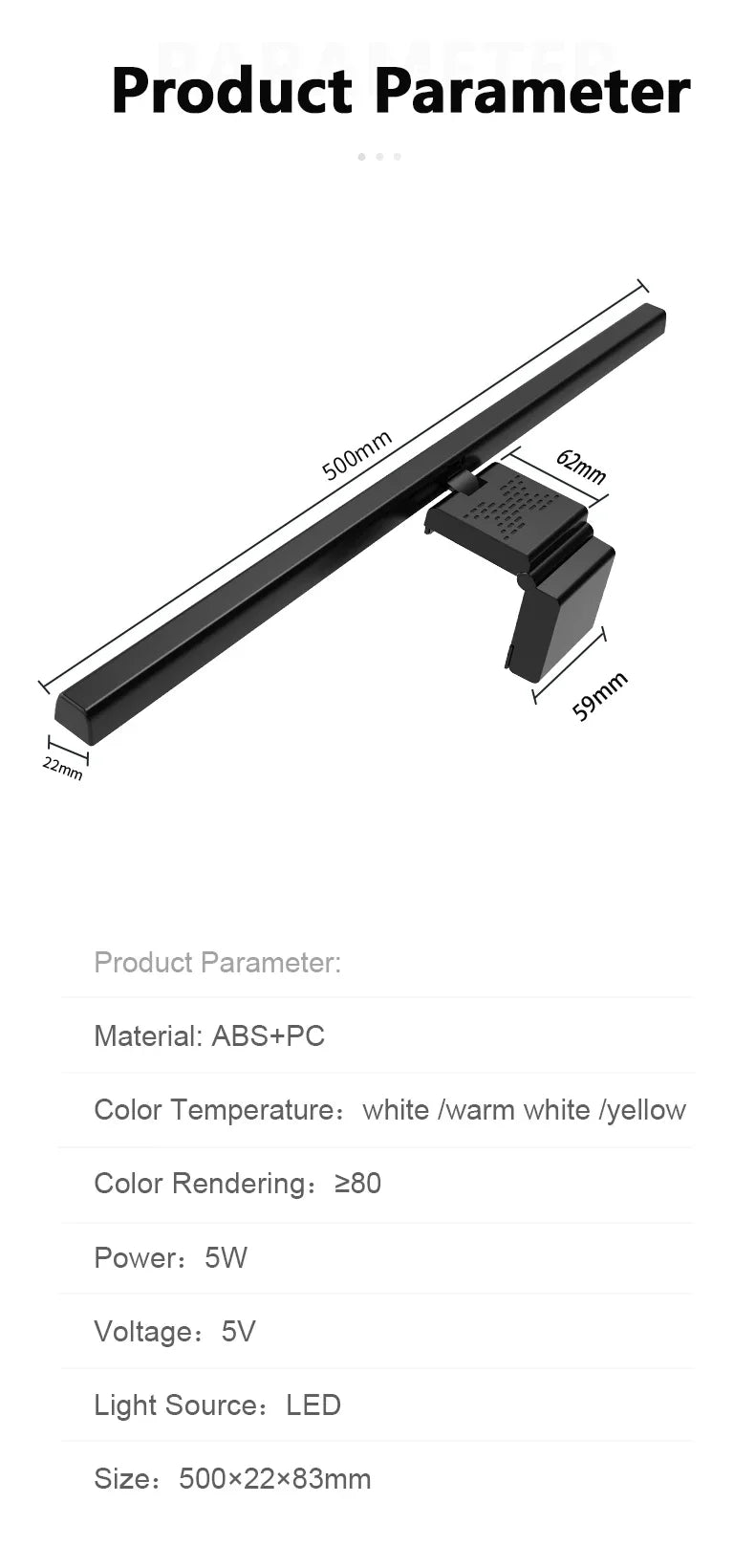 Barra de luz para Monitor de ordenador de 50cm, luces colgantes para pantalla, atenuación continua, lámpara de escritorio USB para estudio, luz de lectura, lámpara para Monitor de mesa