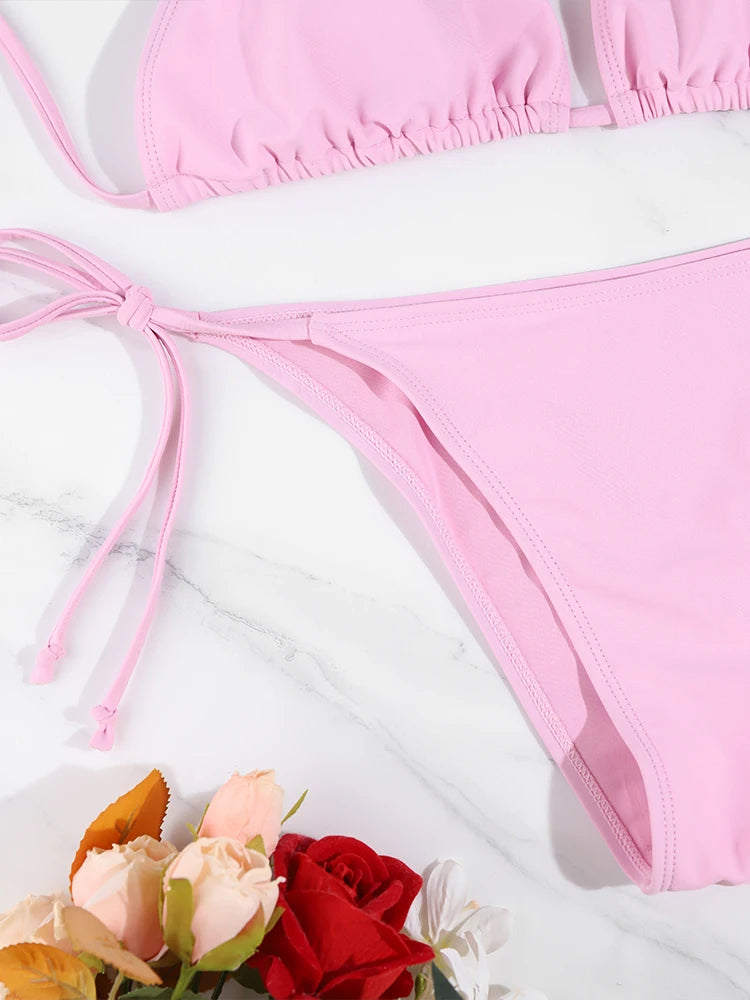 Conjunto de Bikini de Color sólido con Tanga para mujer, traje de baño Sexy con lazo Halter lateral, traje de baño brasileño ajustable con correa dividida, ropa de playa, 2 uds.