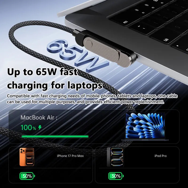 Cable de Carga Retráctil 3 en 1 de 65W con Soporte Plegable