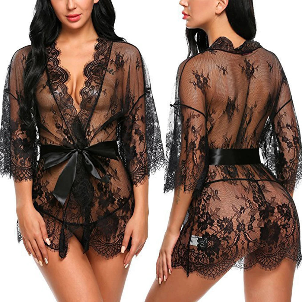 Babydoll Transparente con Cuello en V, Tanga de Encaje para Mujer