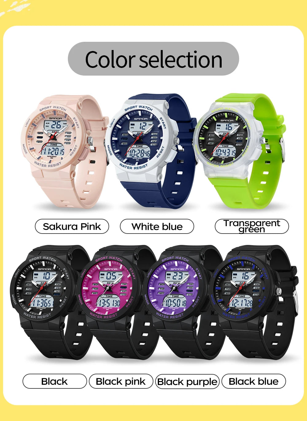 Reloj Digital LED SANDA 6185 para Mujer Pantalla Dual Resistente al Agua