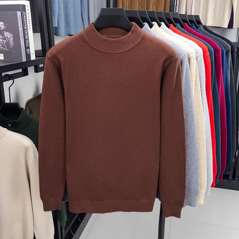 Suéter de punto de medio cuello alto para hombre, jersey de Color sólido con cuello simulado, sudadera informal de Otoño/Invierno, ropa de marca para hombre