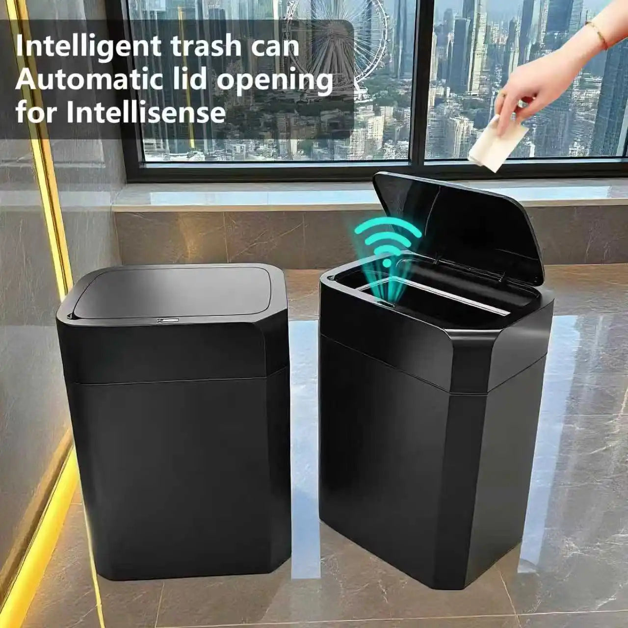 ONEKA Cubo de basura negro de inducción con sensor de movimiento automático delgado para baño, dormitorio, cocina, oficina