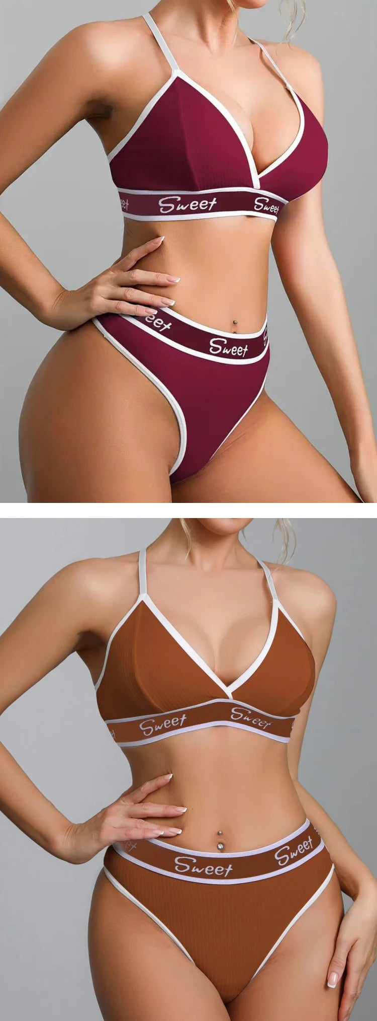 Conjunto de Bralette y Bragas Triangulares Acanaladas para Mujer