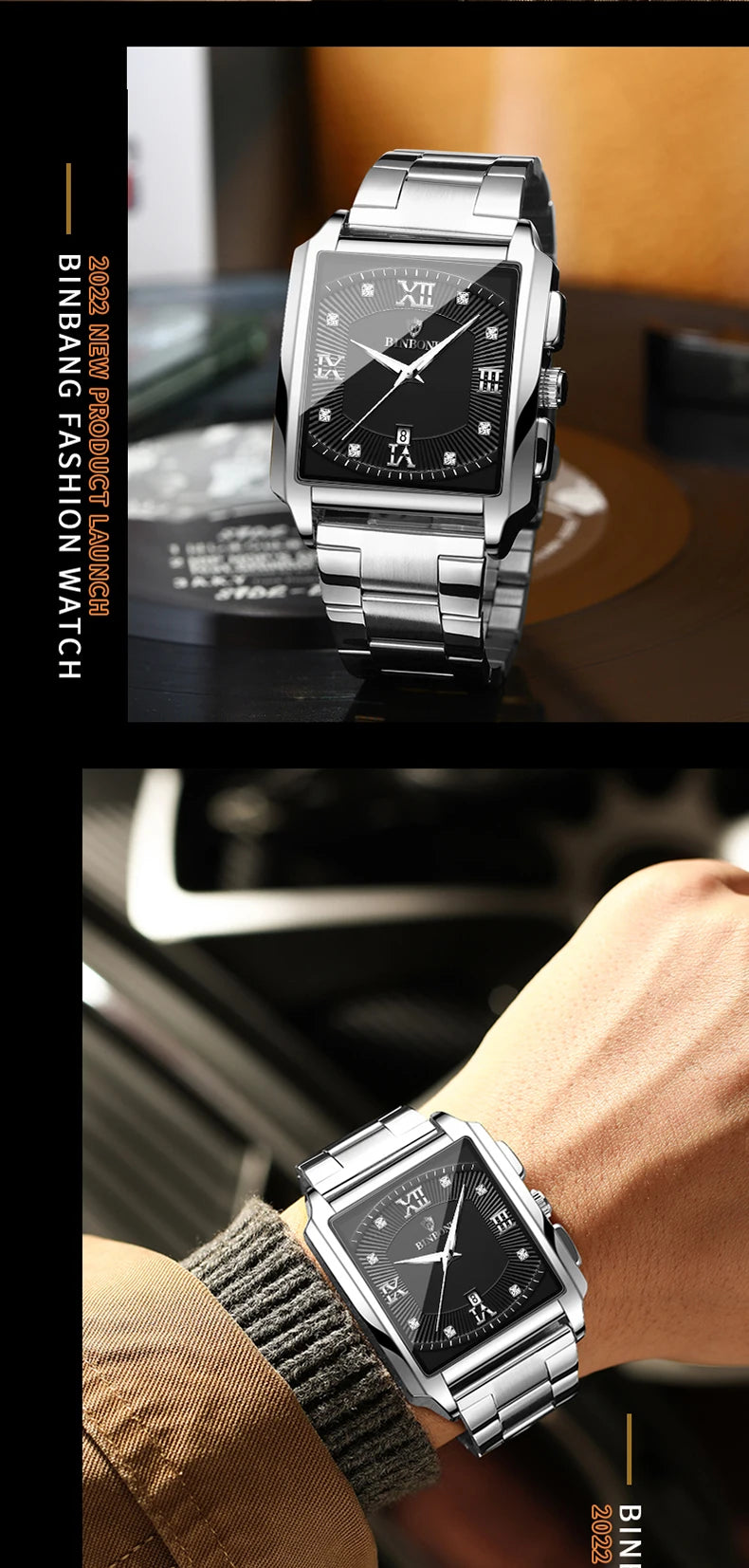 Reloj de Cuarzo Analógico de Lujo BINBOND para Hombre Esfera Cuadrada