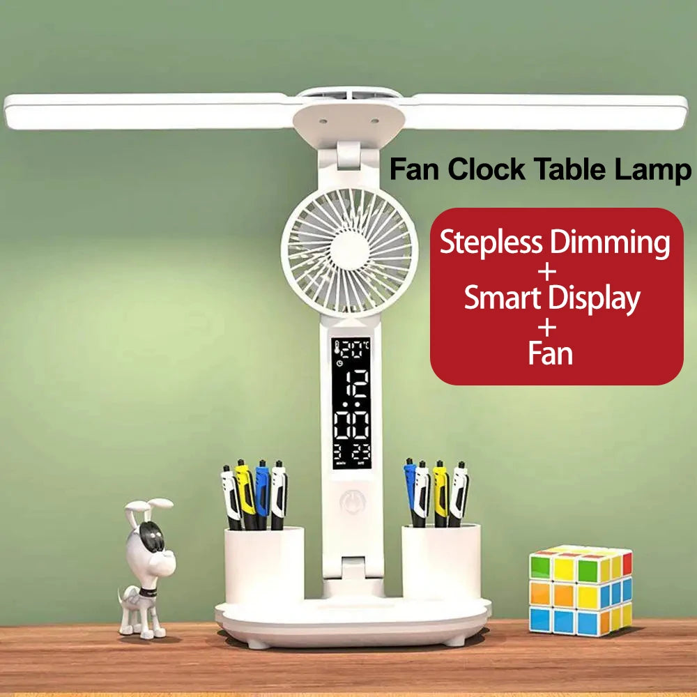 Lámpara de escritorio LED, lámpara de ventilador plegable portátil, reloj de pantalla inteligente, lámpara de escritorio recargable por USB, protección ocular, luz de escritorio de lectura para estudio