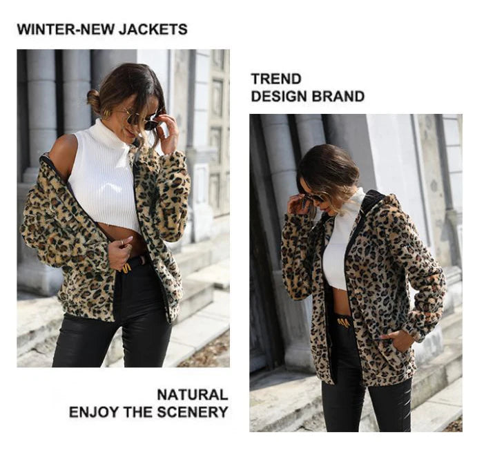 Otoño Invierno mujer moda abrigos con capucha manga larga estampado de leopardo de doble cara de felpa suelta cálida chaqueta gruesa abrigo con cremallera para mujer