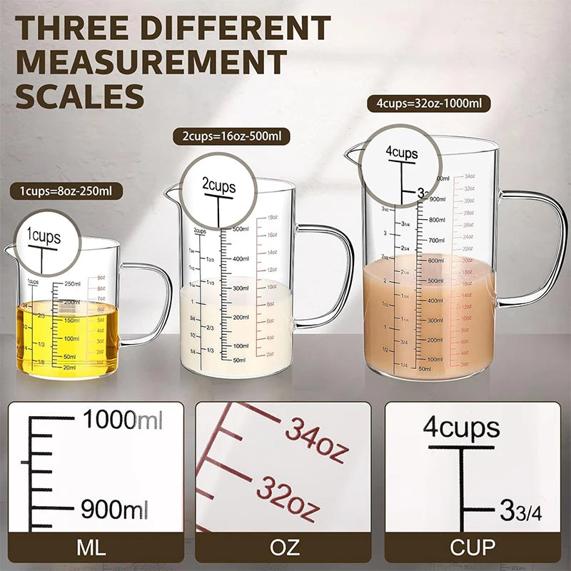 Tazas medidoras de vidrio de borosilicato alto, taza de escala de vidrio transparente con mango, boquilla en forma de V, vaso medidor de vidrio para cocina