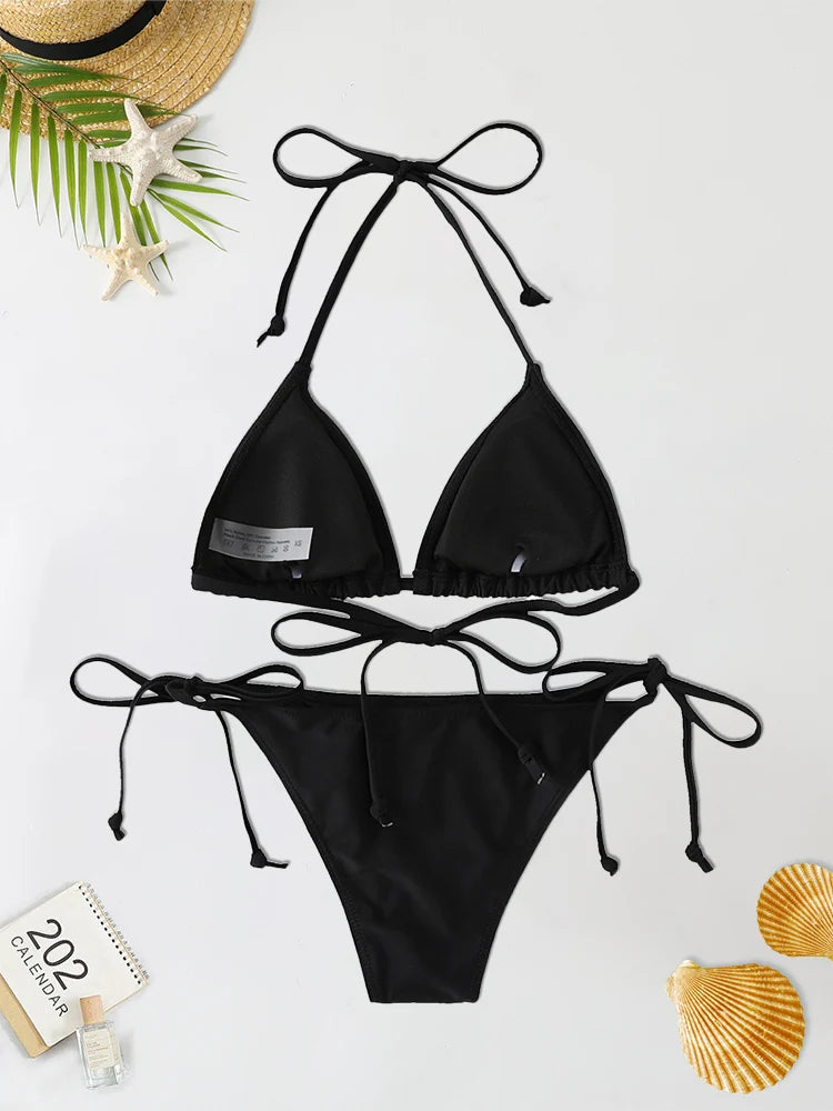 2 unid/set 2024 traje de baño Sexy de moda para mujer, conjunto de Bikinis, traje de baño triangular, ropa de playa con cordón, trajes de baño de una pieza, bikini brasileño