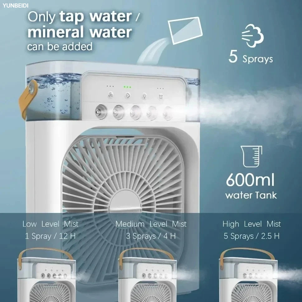 Ventilador 3 en 1 Portátil con Luz LED y Humidificador