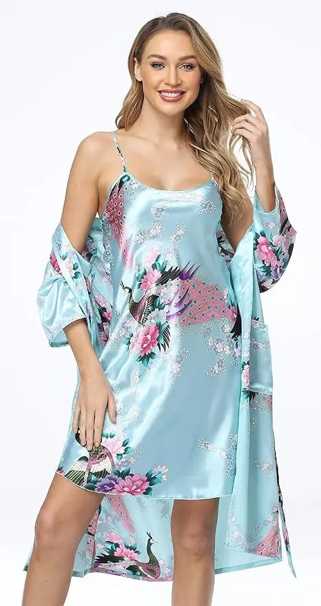 Conjunto de camisón y kimono de satén floral para mujer con camisola, ropa de dormir de 2 piezas, albornoz de pavo real
