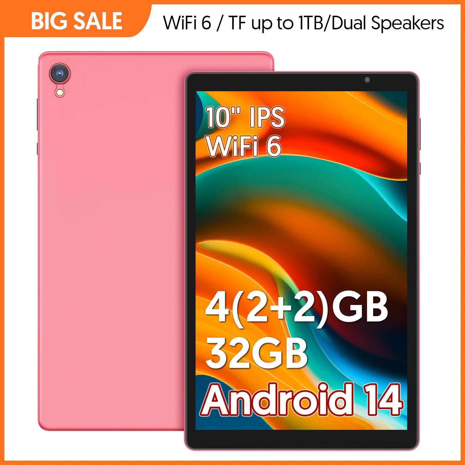 Tableta de 10 pulgadas, Android 14, procesador de cuatro núcleos, 4 GB de RAM (2 GB + 2 GB ampliable), almacenamiento de 32 GB, Wi-Fi, cámaras duales, 6000 mAh