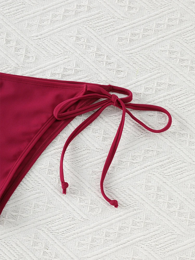Conjunto de Bikini con Tanga para mujer, traje de baño Sexy con cordones laterales, traje de baño con lazo en el cuello, ropa interior de Bikini de estilo brasileño ajustable