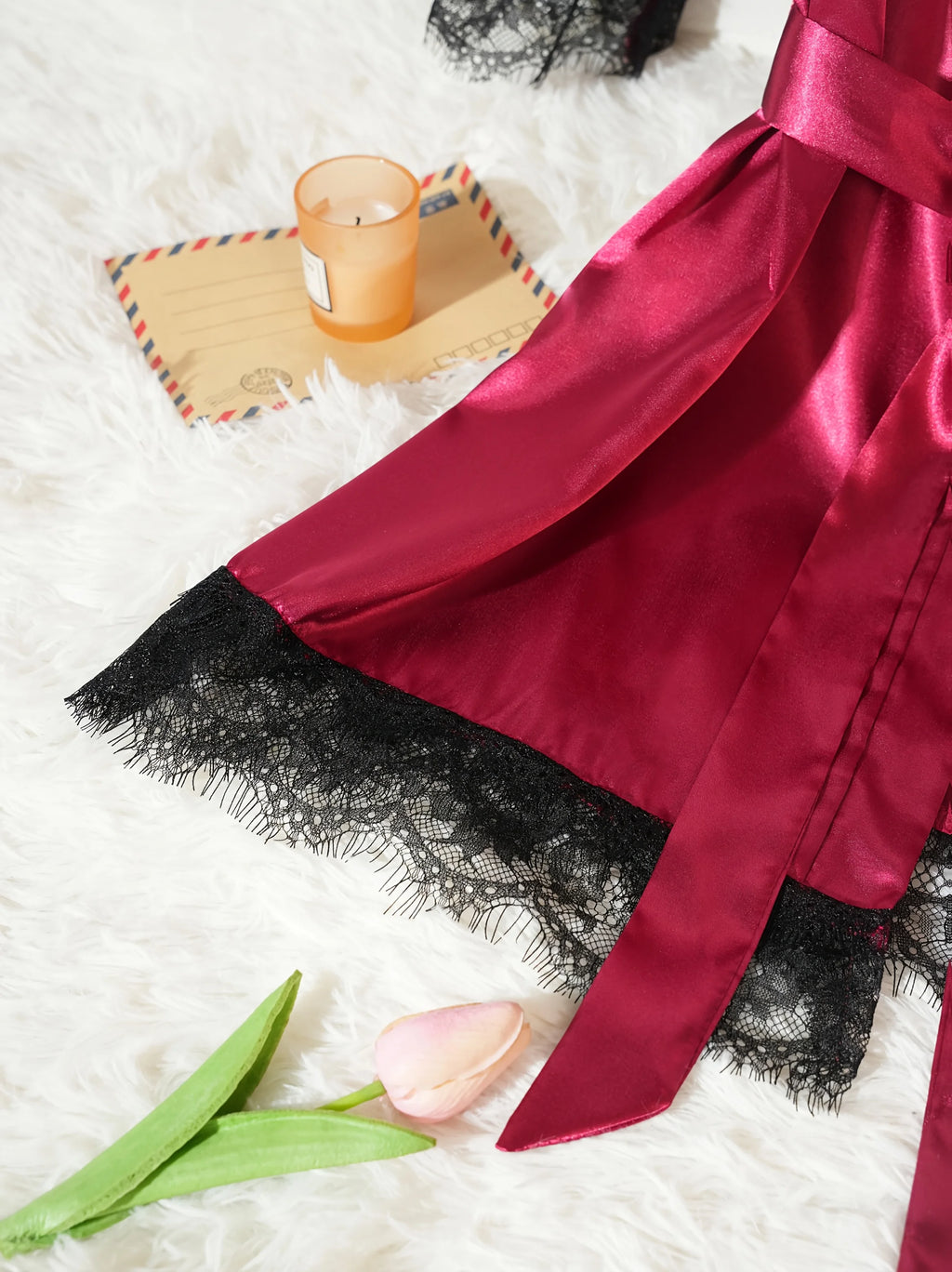 Conjunto de Pijama de Satén para Mujer 4 Piezas con Bata y Encaje