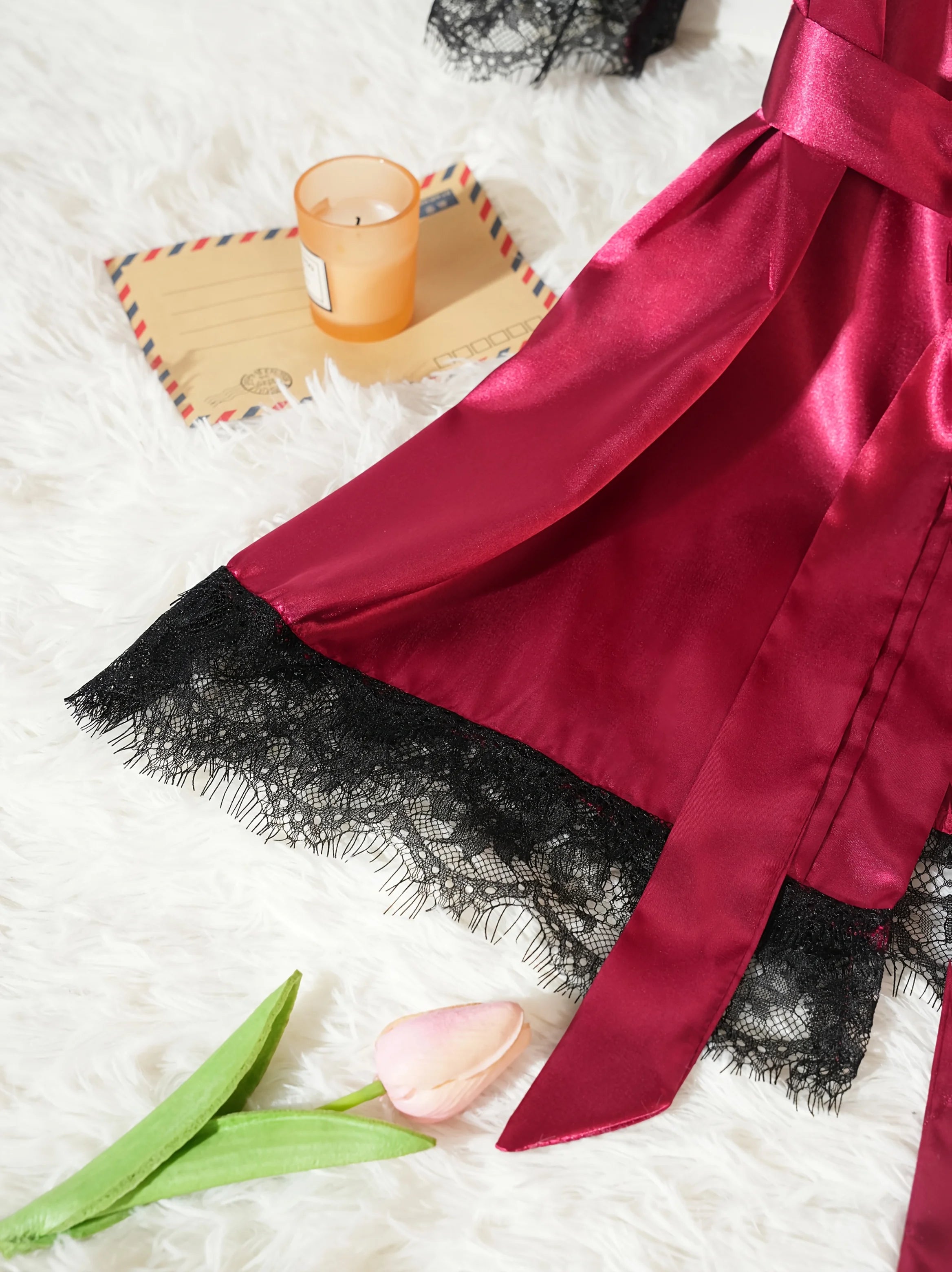 Conjunto de Pijama de Satén para Mujer 4 Piezas con Bata y Encaje