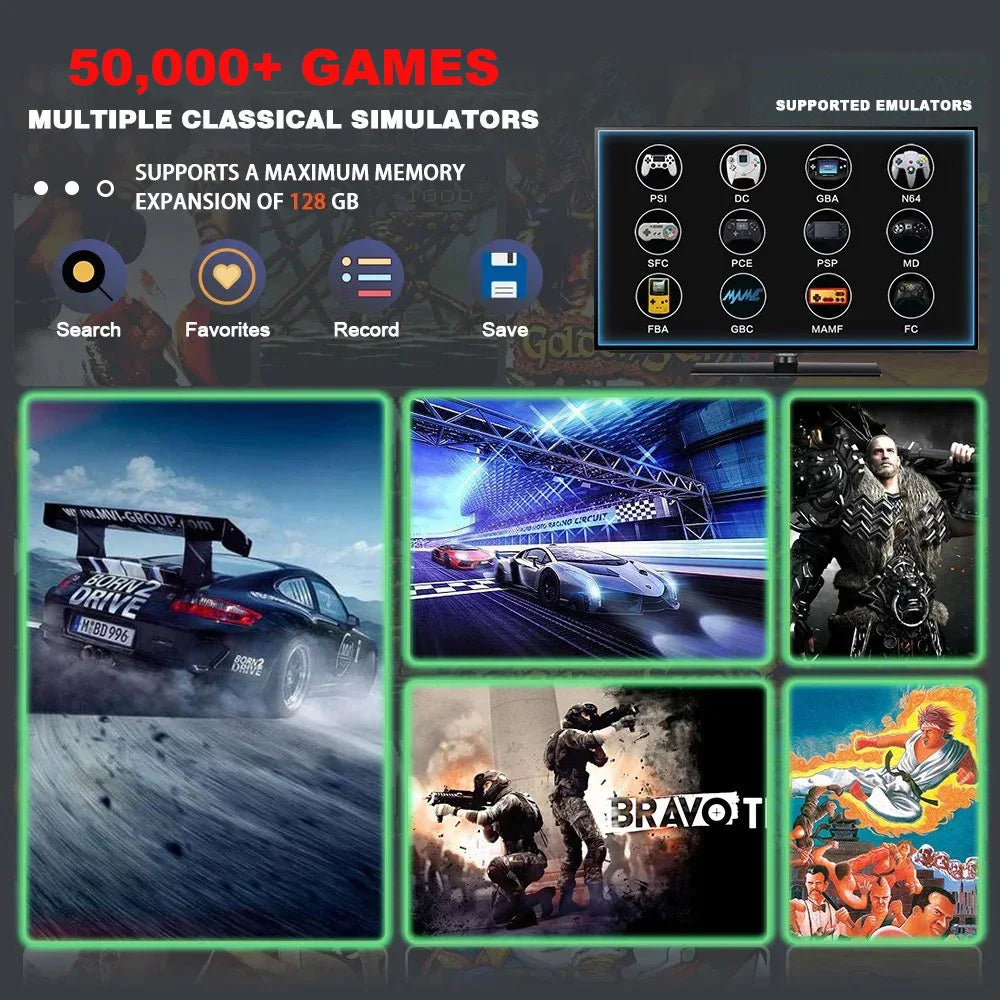 Consola de Videojuegos Retro 4K HD de 128 GB con 50000 Juegos, Control Inalámbrico, 45 Emuladores Integrados, Plug & Play, Mando de Juego para TV