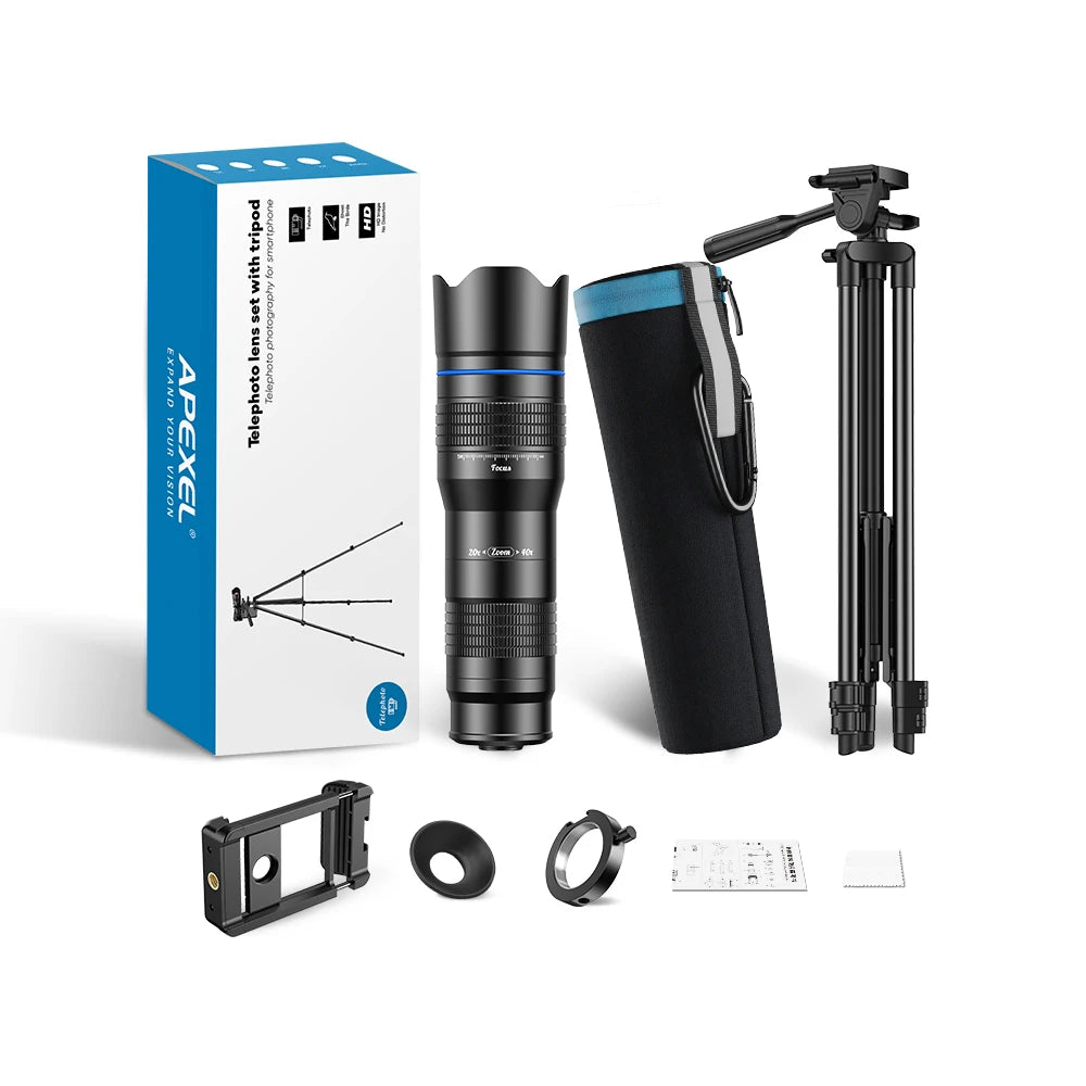 Lente Telescópica Zoom APEXEL 20-40X Metal con Trípode para Smartphones