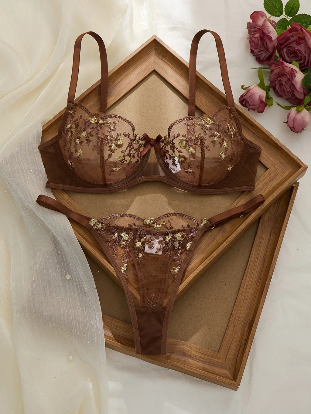 Conjunto de Sujetador y Bragas Ultrafino con Estampado Floral para Mujer