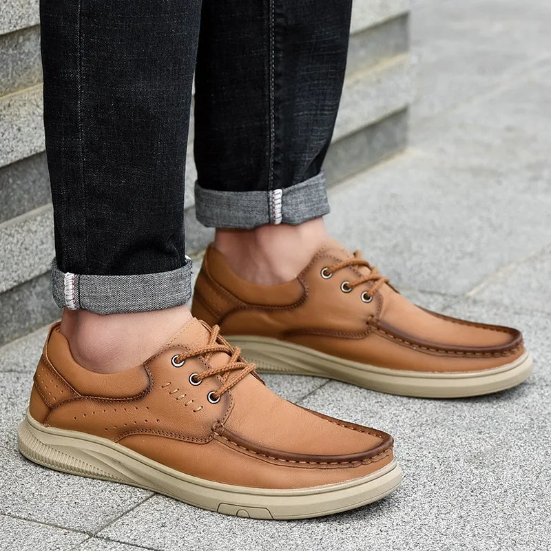 Zapatos náuticos de cuero vintage para hombre con cordones y suela antideslizante
