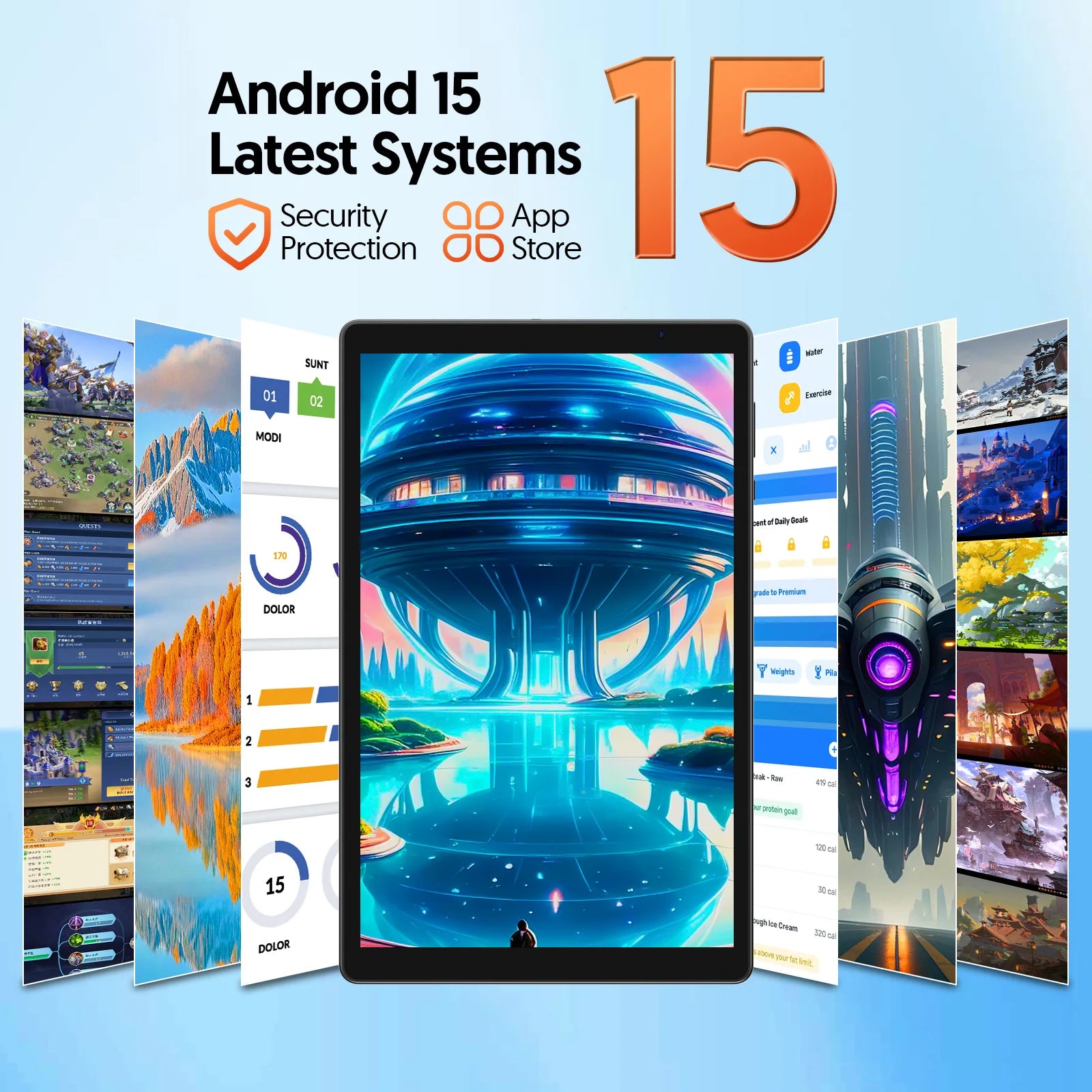 Tableta BAKEN Android 15, almacenamiento 8 (3+5)GB + 32GB, procesador penta-core, Wi-Fi6, Bluetooth, USB-C, Google Play Store,