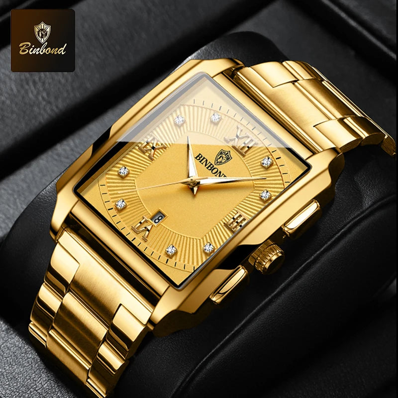 Reloj de Cuarzo Analógico de Lujo BINBOND para Hombre Esfera Cuadrada