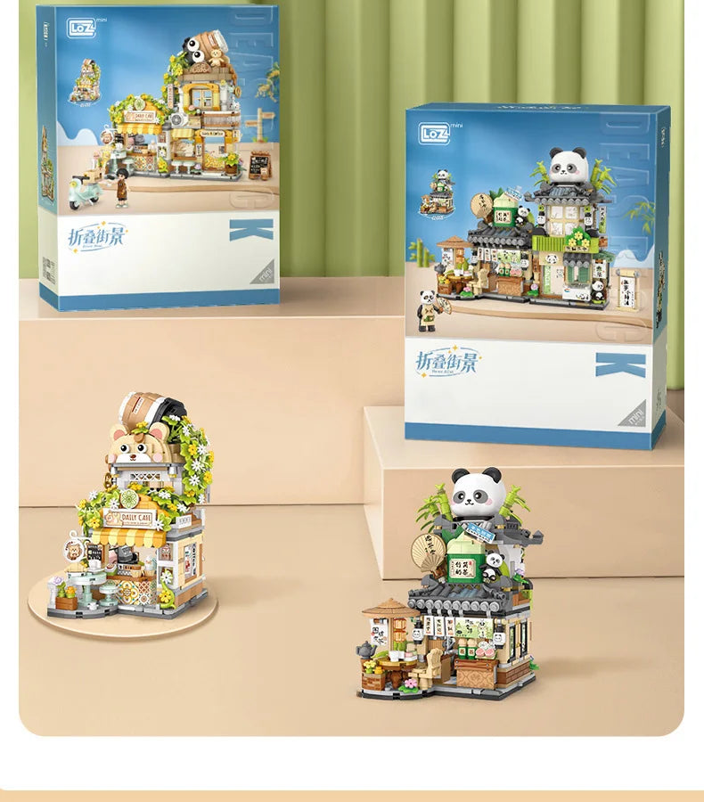 LOZ - Juego de Bloques de Construcción de la Serie Escena Urbana Plegable, Casa de Té Panda, Cafetería, Adorno de Escritorio, Regalo de Cumpleaños para Adultos