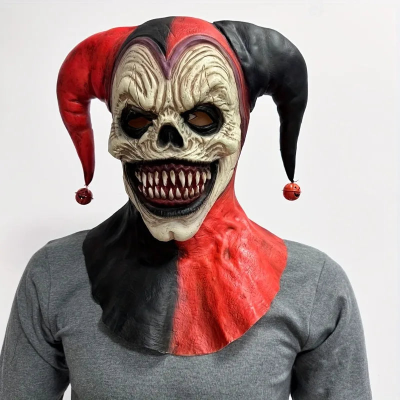 Máscara de payaso amenazante con cuernos, calavera sangrante, Halloween para fiestas de disfraces, casas embrujadas con pendientes de campana, colgantes de calabaza
