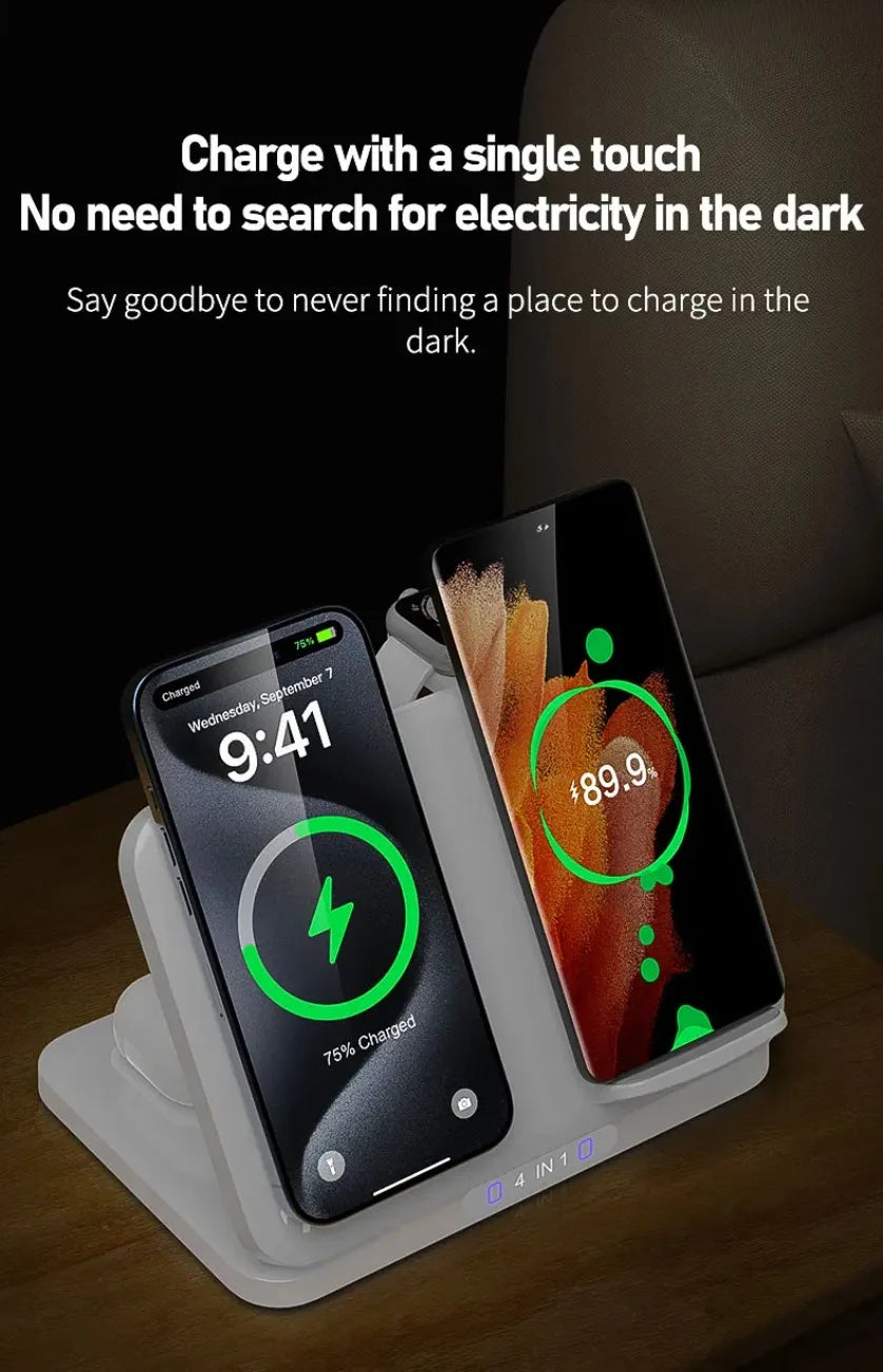 Cargador Inalámbrico 4 en 1 para Dos Teléfonos, Compatible con iPhone 17~12, Samsung S25, Xiaomi, Airpods Pro, Apple Watch 11~2, Carga Rápida Magnética
