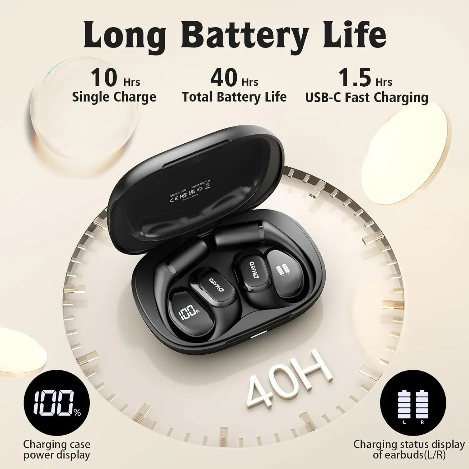 Ohayo T10 auriculares abiertos Bluetooth 5,4 auriculares inalámbricos 40 horas de reproducción TWS auriculares inalámbricos con pantalla Digital para deportes