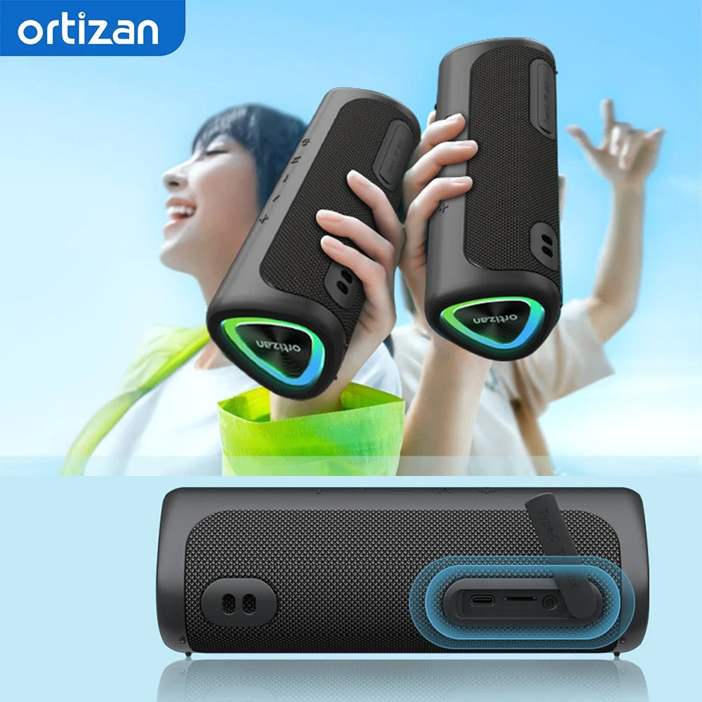 Ortizan Altavoz Bluetooth Portátil con Sonido HD de 24 W, Altavoces Bluetooth Inalámbrico 5.3, Entrada AUX, Tarjeta TF y USB, Luces LED, IPX7