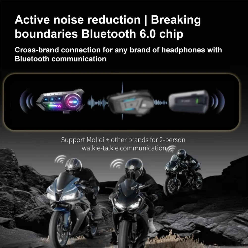 Auriculares Bluetooth para Casco de Motocicleta X3 Pro, Intercomunicador para 2 Motociclistas, 1000M, BT6.0, IPX6, Resistente al Agua, Asistente de Voz, Reducción de Ruido, Radio FM