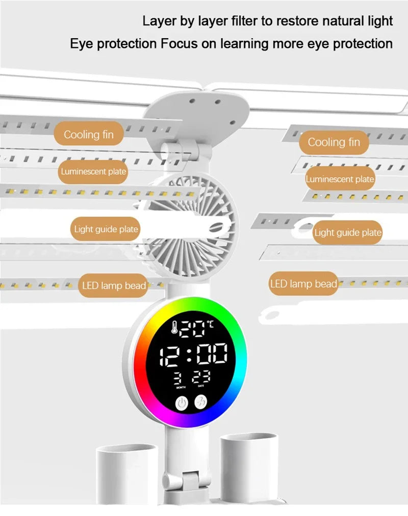 Lámpara de mesa recargable para estudio, lámpara de escritorio, luz de lectura, luz de mesa Led con ventilador, lámpara de lectura de pantalla de reloj Led