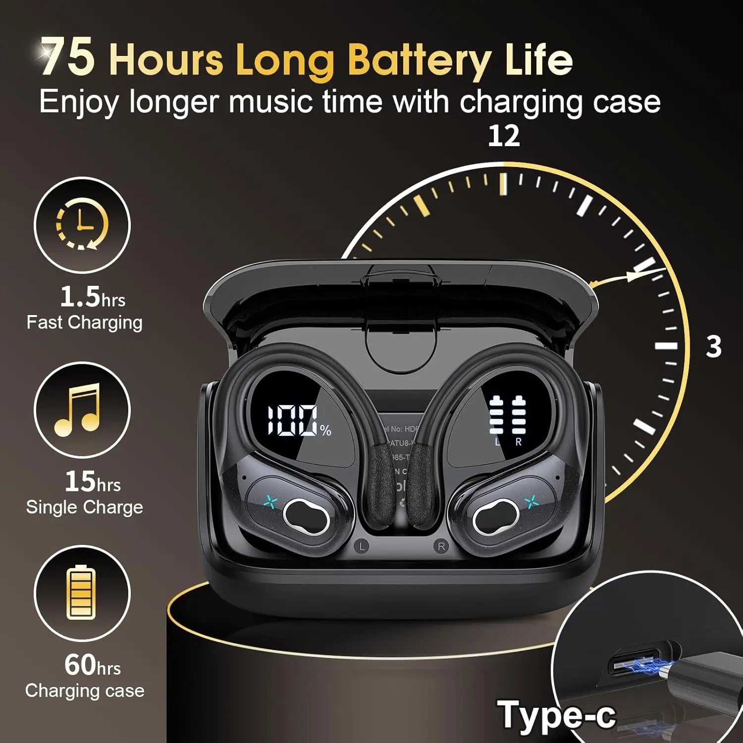 Auriculares TWS Bluetooth 5.4 Deportivos Impermeables 75hs