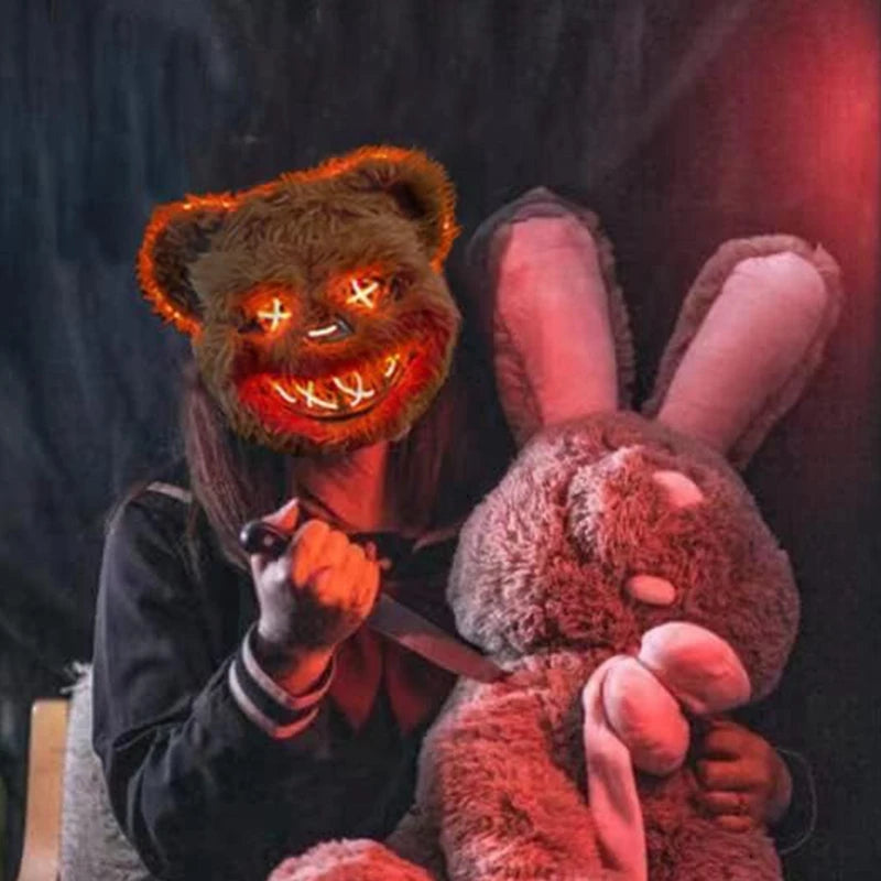 Máscara luminosa de animales con luz LED, disfraz de Halloween, fiesta de carnaval, maquillaje, máscara facial, accesorios para sombreros de piel de felpa de animales aterradores