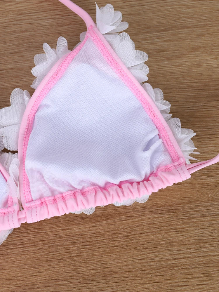 Bikini Rosa Hecho a Mano con Flores 3D, Cuello Cruzado y Parte Inferior Triangular para Senos Pequeños, Realza y Adelgaza
