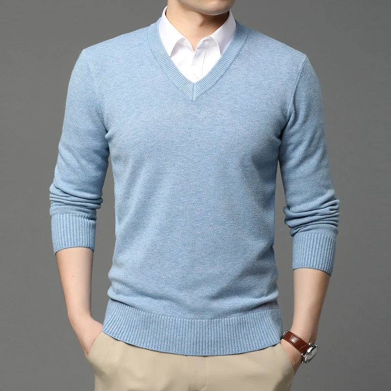 Suéter de Punto con Cuello en V para Hombre – Otoño Invierno