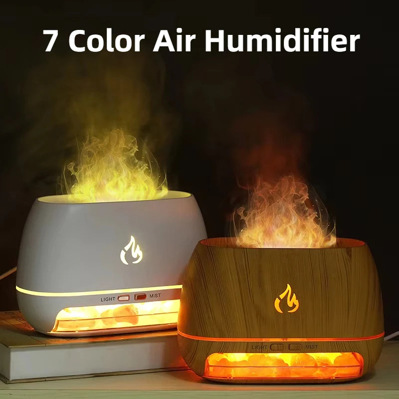 Nuevo Humidificador de aire con Aroma de fuego y llama 3D, piedra de sal de cristal del Himalaya, luz nocturna colorida, difusor de aceite esencial de aromaterapia