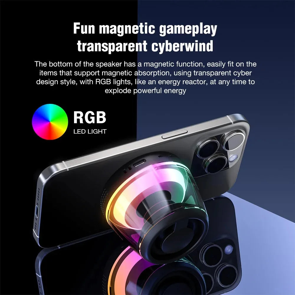 Altavoz para juegos con soporte magnético para teléfono inalámbrico: compatible con MagSafe y Android, resistente al agua IPX5, iluminación RGB, montaje en superficie metálica